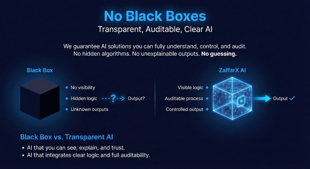 No Black Boxes flow - comparing black box AI to transparent ZaffarX AI with visible logic
