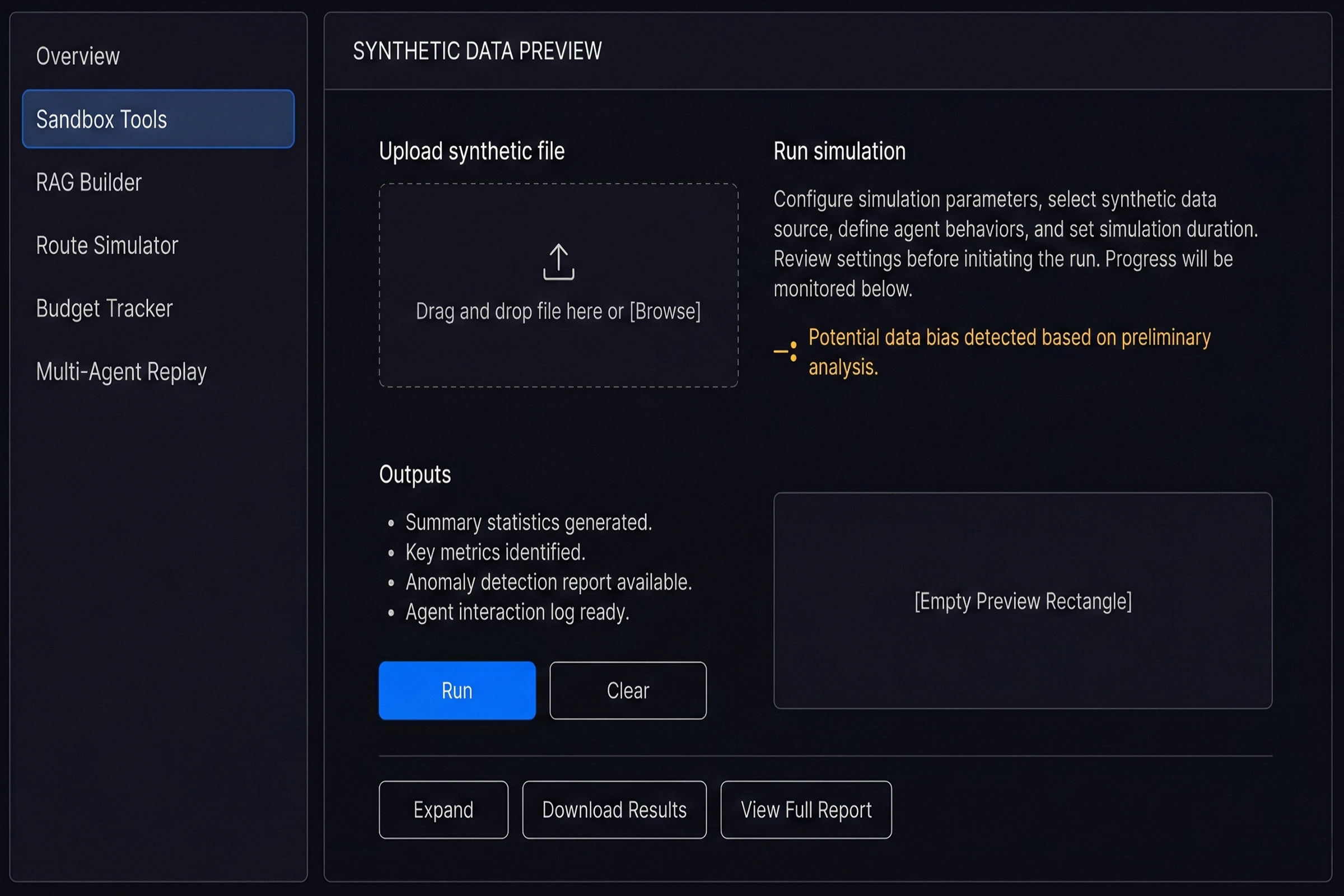 Sandbox UI mockup showing interactive RAG builder and simulation controls